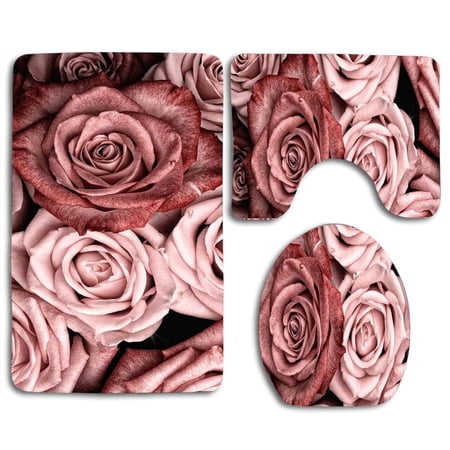 CHAPLLE Pink Roses 3 Piece Bathroom Rugs Set Bath Rug Contour Mat and Toilet Lid Cover