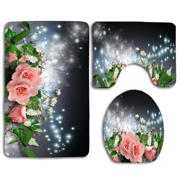 CHAPLLE Pink Roses Blue Whispers 3 Piece Bathroom Rugs Set Bath Rug Contour Mat and Toilet Lid Cover