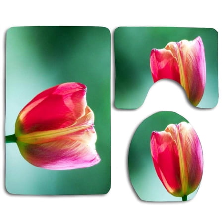 CHAPLLE Pink Tulip Flower 3 Piece Bathroom Rugs Set Bath Rug Contour Mat and Toilet Lid Cover
