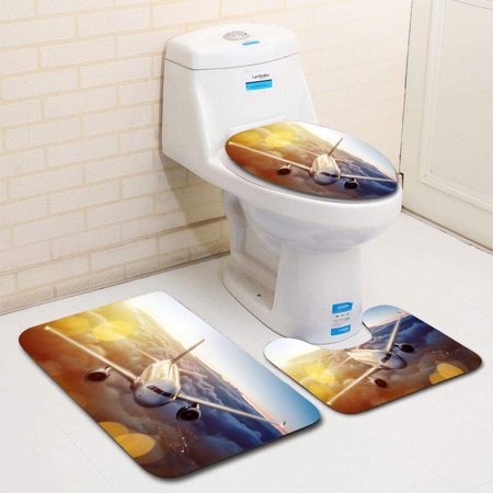 CHAPLLE Plane Over Clouds at Dusk 3 Piece Bathroom Rugs Set Bath Rug Contour Mat and Toilet Lid Cover