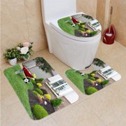 CHAPLLE Planting a celosia Flower Garden Around a House 3 Piece Bathroom Rugs Set Bath Rug Contour Mat and Toilet Lid Cover