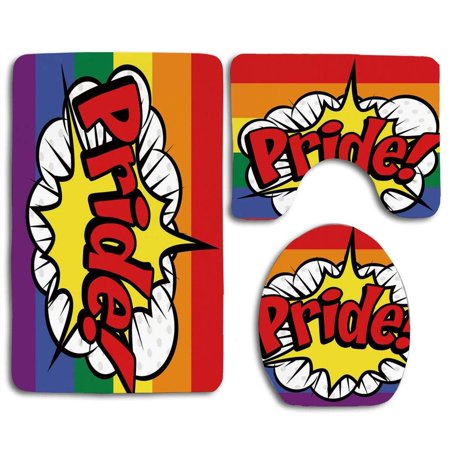 CHAPLLE Pop Art Comic Book Icon Pride Blast Bomb Explosion Effect Rainbow Flag 3 Piece Bathroom Rugs Set Bath Rug Contour Mat and Toilet Lid Cover