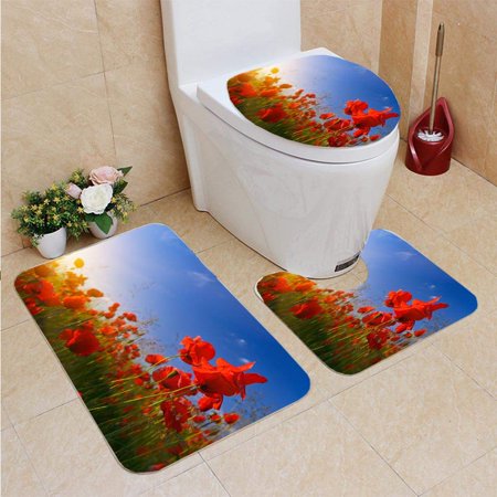 CHAPLLE Poppies 3 Piece Bathroom Rugs Set Bath Rug Contour Mat and Toilet Lid Cover