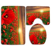 CHAPLLE Poppies Flowers Sunrise 3 Piece Bathroom Rugs Set Bath Rug Contour Mat and Toilet Lid Cover
