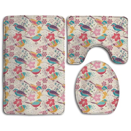 CHAPLLE Pretty Bird Art 3 Piece Bathroom Rugs Set Bath Rug Contour Mat and Toilet Lid Cover