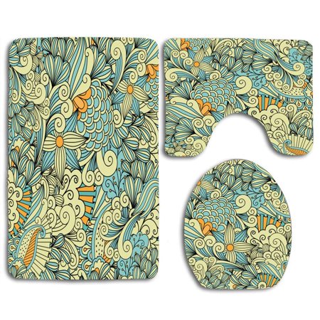 CHAPLLE Pretty Yellow Blue 3 Piece Bathroom Rugs Set Bath Rug Contour Mat and Toilet Lid Cover
