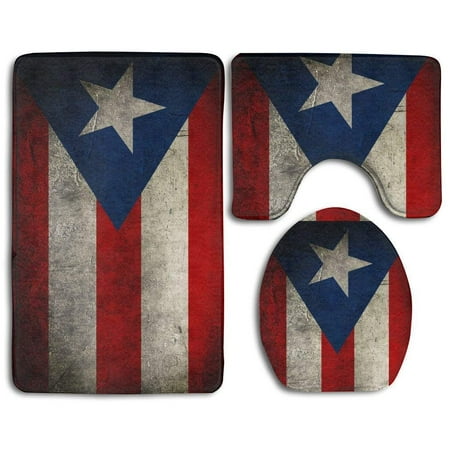 CHAPLLE Puerto Rico Flag 3 Piece Bathroom Rugs Set Bath Rug Contour Mat and Toilet Lid Cover