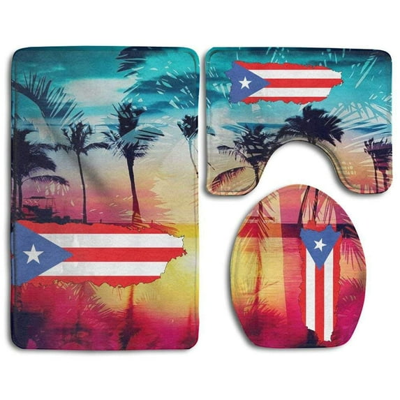 CHAPLLE Puerto Rico Flag 3 Piece Bathroom Rugs Set Bath Rug Contour Mat and Toilet Lid Cover