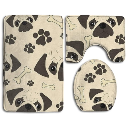 CHAPLLE Pugs 3 Piece Bathroom Rugs Set Bath Rug Contour Mat and Toilet Lid Cover