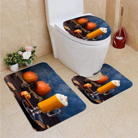 CHAPLLE Pumpkin Spice Latte Smoothie Boozy Cocktail 3 Piece Bathroom Rugs Set Bath Rug Contour Mat and Toilet Lid Cover