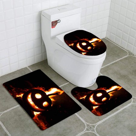 CHAPLLE Pumpkin a Terrible Smile Against fire 3 Piece Bathroom Rugs Set Bath Rug Contour Mat and Toilet Lid Cover
