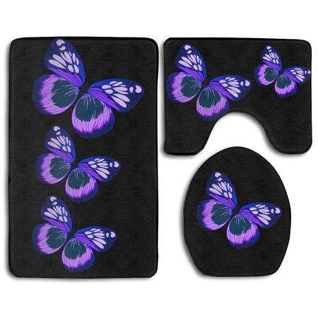 CHAPLLE Purple Butterfly 3 Piece Bathroom Rugs Set Bath Rug Contour Mat and Toilet Lid Cover