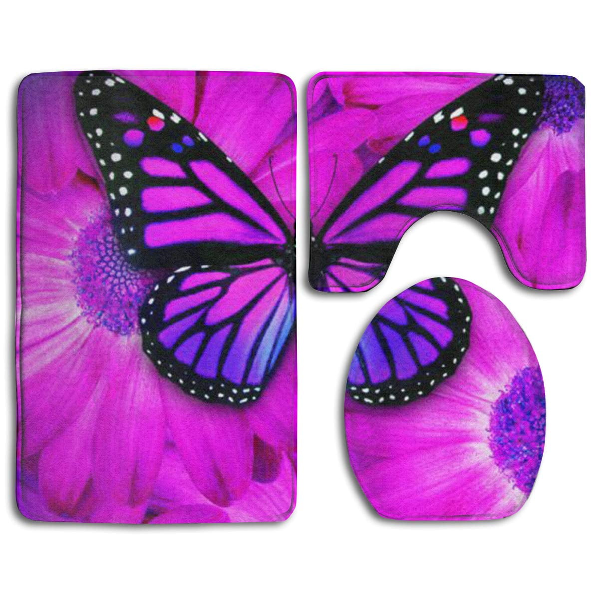 CHAPLLE Purple Butterfly and Flower 3 Piece Bathroom Rugs Set Bath Rug Contour Mat and Toilet