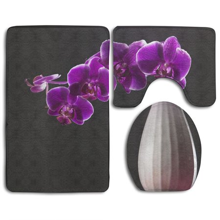 CHAPLLE Purple Color Orchid Vase 3 Piece Bathroom Rugs Set Bath Rug Contour Mat and Toilet Lid Cover