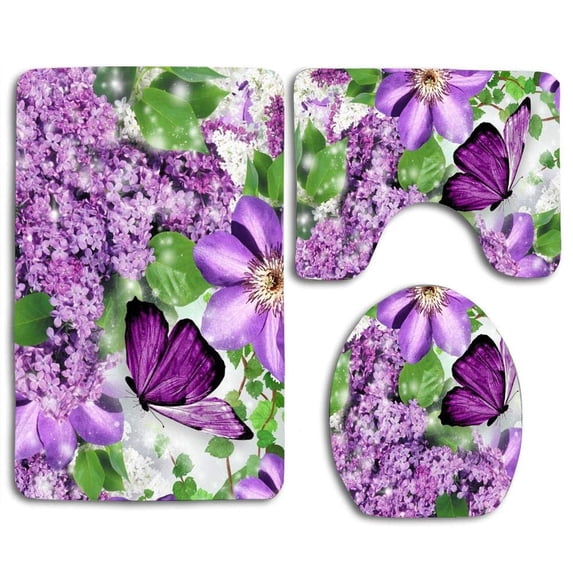 CHAPLLE Purple Flowers and Cute Butterfly 3 Piece Bathroom Rugs Set Bath Rug Contour Mat and Toilet Lid Cover