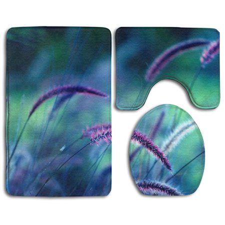 CHAPLLE Purple Foxtail Grass Field 3 Piece Bathroom Rugs Set Bath Rug Contour Mat and Toilet Lid Cover