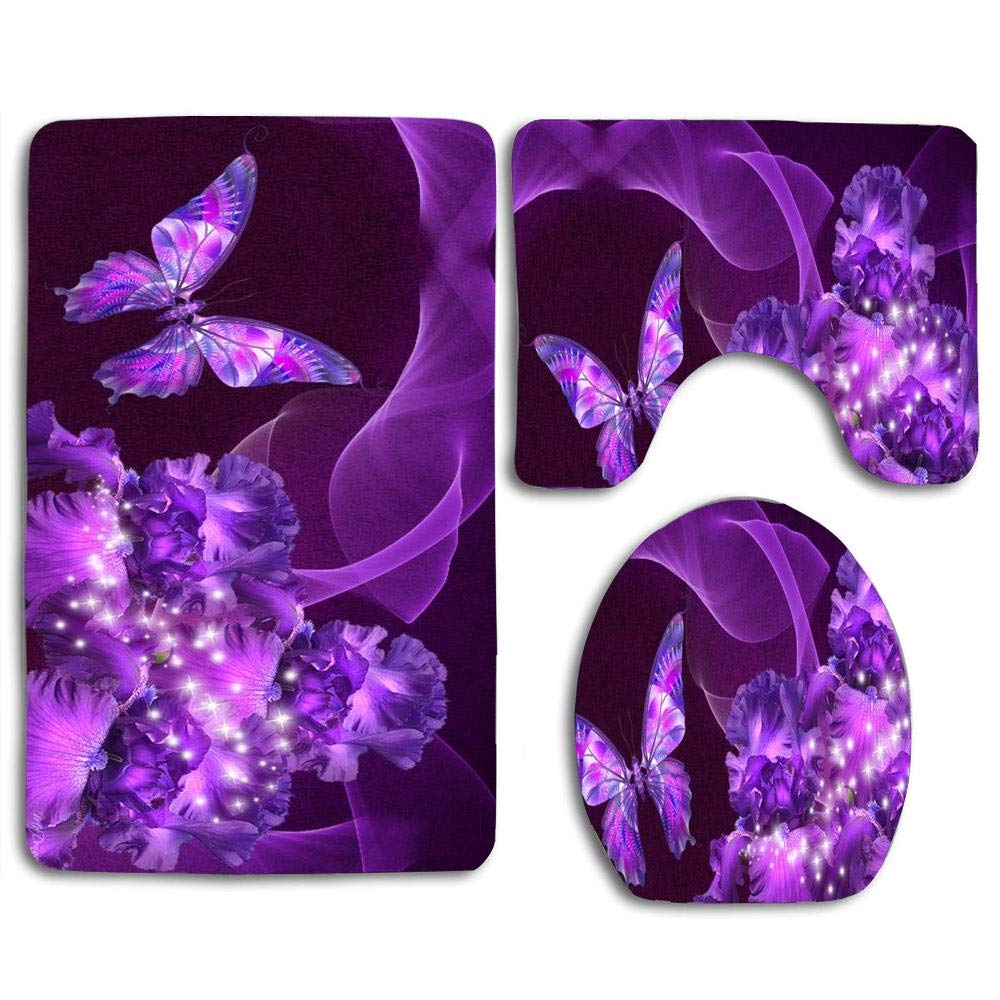 CHAPLLE Purple Iris Beauty 3 Piece Bathroom Rugs Set Bath Rug Contour