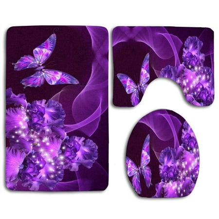 CHAPLLE Purple Iris Beauty 3 Piece Bathroom Rugs Set Bath Rug Contour Mat and Toilet Lid Cover