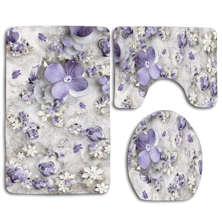 CHAPLLE Purple Paper Flowers 3 Piece Bathroom Rugs Set Bath Rug Contour Mat and Toilet Lid Cover