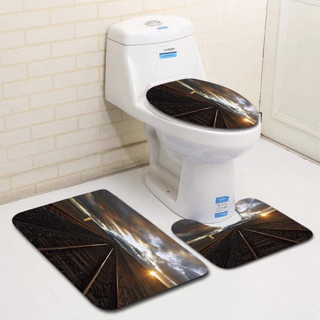 CHAPLLE Railroad Track 3 Piece Bathroom Rugs Set Bath Rug Contour Mat and Toilet Lid Cover