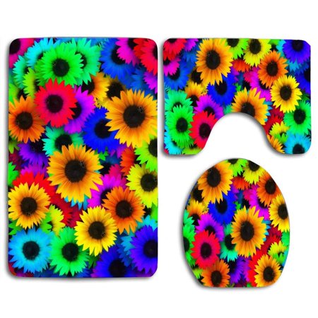 CHAPLLE Rainbow Sunflowers 3 Piece Bathroom Rugs Set Bath Rug Contour Mat and Toilet Lid Cover