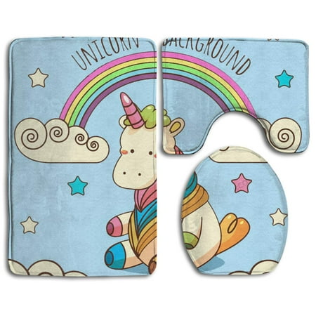 CHAPLLE Rainbow Unicorn 3 Piece Bathroom Rugs Set Bath Rug Contour Mat and Toilet Lid Cover