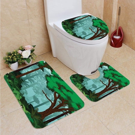 CHAPLLE Rainforest Tropical Forest Jungle 3 Piece Bathroom Rugs Set Bath Rug Contour Mat and Toilet Lid Cover