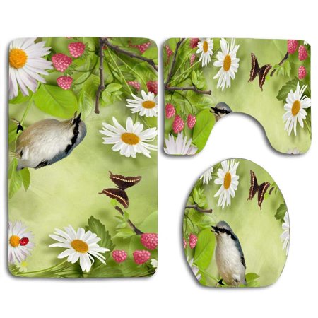 CHAPLLE Raspberries Daisies 3 Piece Bathroom Rugs Set Bath Rug Contour Mat and Toilet Lid Cover