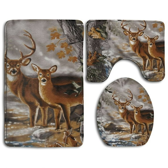 CHAPLLE Real Tree Camouflage Deer 3 Piece Bathroom Rugs Set Bath Rug Contour Mat and Toilet Lid Cover