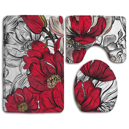 CHAPLLE Red Flower 3 Piece Bathroom Rugs Set Bath Rug Contour Mat and Toilet Lid Cover