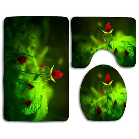 CHAPLLE Red Forest Flowers 3 Piece Bathroom Rugs Set Bath Rug Contour Mat and Toilet Lid Cover