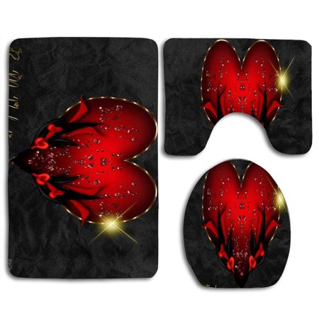 CHAPLLE Red Heart on Black Silk 3 Piece Bathroom Rugs Set Bath Rug Contour Mat and Toilet Lid Cover