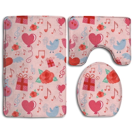 CHAPLLE Red Love Heart Patterns Pink 3 Piece Bathroom Rugs Set Bath Rug Contour Mat and Toilet Lid Cover