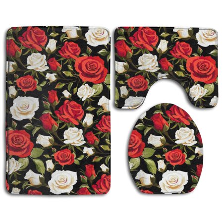 CHAPLLE Red Rose Gold Flowers Floral 3 Piece Bathroom Rugs Set Bath Rug Contour Mat and Toilet Lid Cover