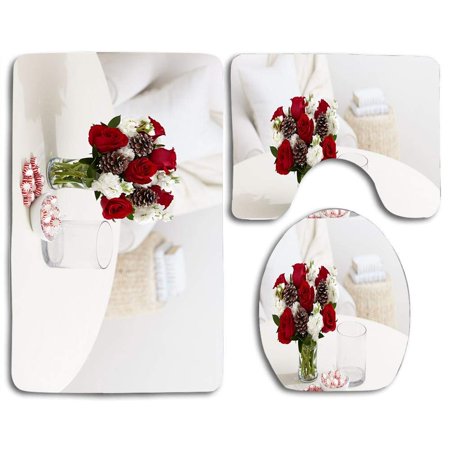 CHAPLLE Red Roses Pine Cones and White Carnations 3 Piece Bathroom Rugs Set Bath Rug Contour Mat and Toilet Lid Cover