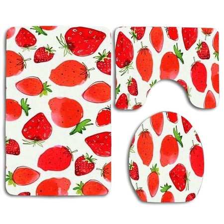 CHAPLLE Red Strawberry 3 Piece Bathroom Rugs Set Bath Rug Contour Mat and Toilet Lid Cover