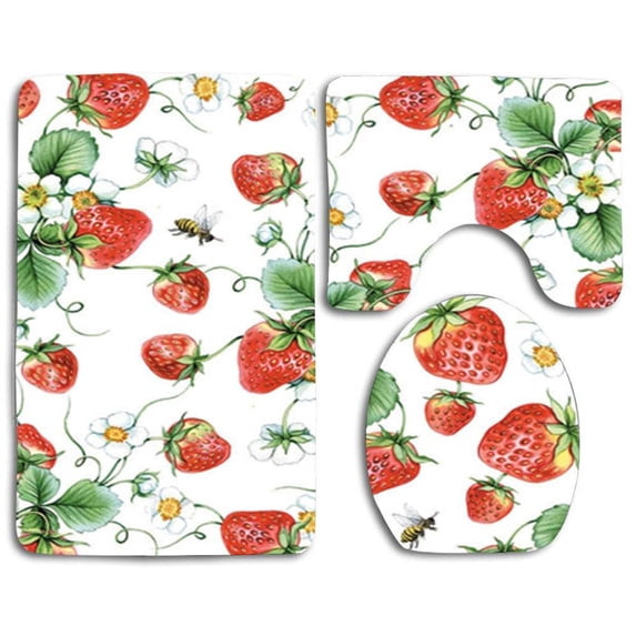 CHAPLLE Red Strawberry White Flowers 3 Piece Bathroom Rugs Set Bath Rug Contour Mat and Toilet Lid Cover