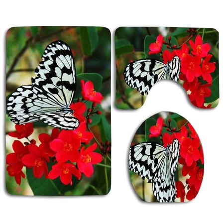 CHAPLLE Red Stripes Butterfly Flowers 3 Piece Bathroom Rugs Set Bath Rug Contour Mat and Toilet Lid Cover
