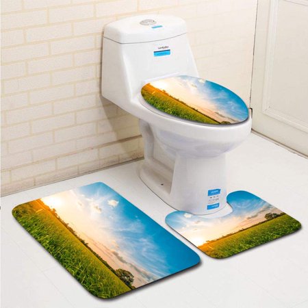 CHAPLLE Rice fild Evening Sky 3 Piece Bathroom Rugs Set Bath Rug Contour Mat and Toilet Lid Cover