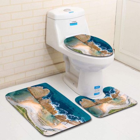 CHAPLLE Rocky Beach from Above 3 Piece Bathroom Rugs Set Bath Rug Contour Mat and Toilet Lid Cover