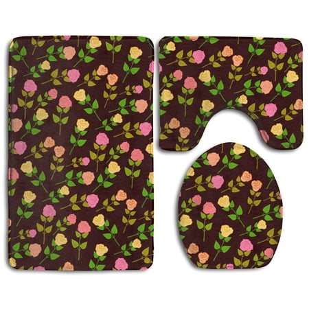 CHAPLLE Roses Flowers 3 Piece Bathroom Rugs Set Bath Rug Contour Mat and Toilet Lid Cover