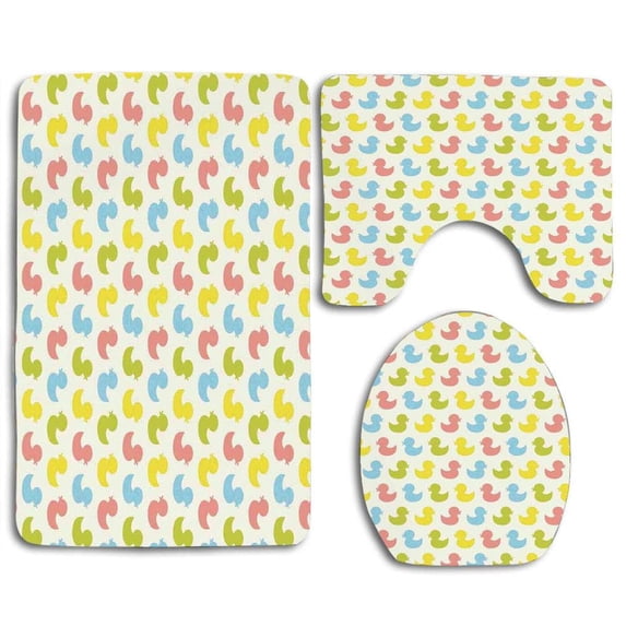 CHAPLLE Rubber Duck Colorful Ducklings Baby Theme Pastel Girls Boys Newborn 3 Piece Bathroom Rugs Set Bath Rug Contour Mat and Toilet Lid Cover