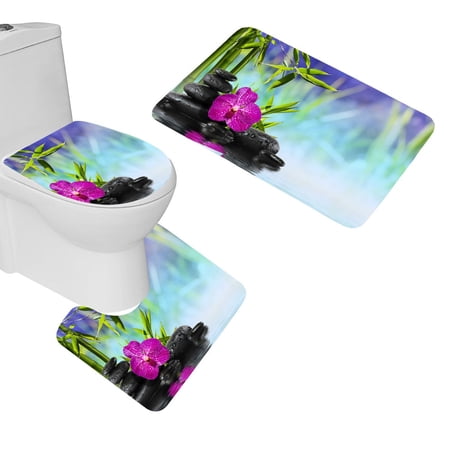CHAPLLE SPA Orchid Bamboo Refletion 3 Piece Bathroom Rugs Set Bath Rug Contour Mat and Toilet Lid Cover