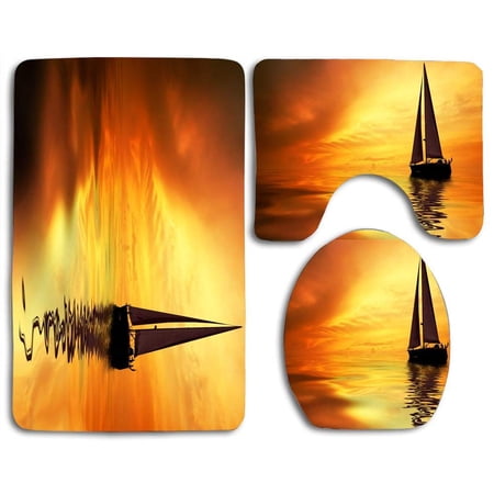 CHAPLLE Sailboat Sunset Sea 3 Piece Bathroom Rugs Set Bath Rug Contour Mat and Toilet Lid Cover