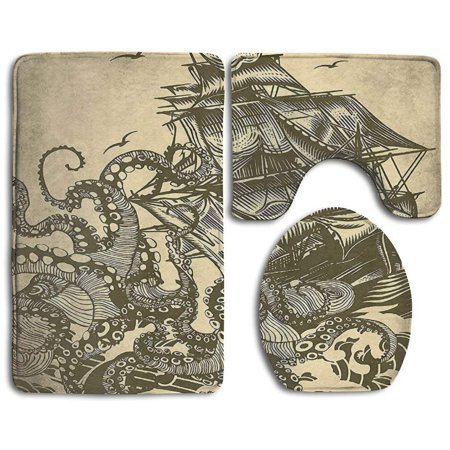 CHAPLLE Sailor Ship Octopus Sepia 3 Piece Bathroom Rugs Set Bath Rug Contour Mat and Toilet Lid Cover