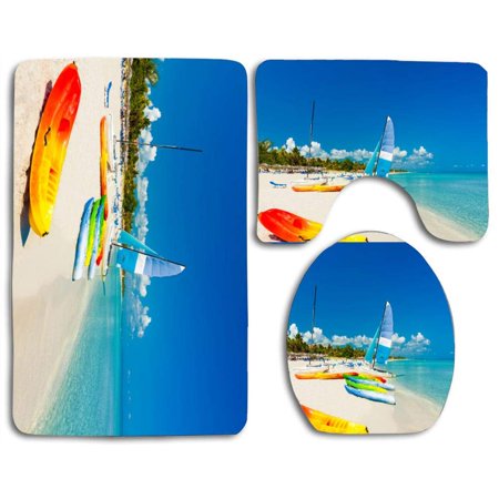 CHAPLLE Sea Boats Coast Sailing 3 Piece Bathroom Rugs Set Bath Rug Contour Mat and Toilet Lid Cover