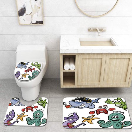 CHAPLLE Sea Color 3 Piece Bathroom Rugs Set Bath Rug Contour Mat and Toilet Lid Cover