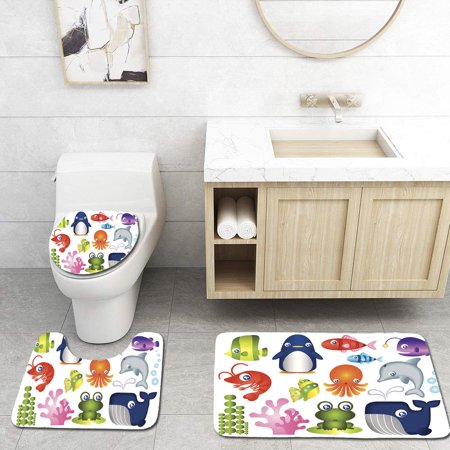 CHAPLLE Sea Creature Collection 3 Piece Bathroom Rugs Set Bath Rug Contour Mat and Toilet Lid Cover