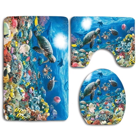 CHAPLLE Sea Life Reef Ocean Coral Turtles 3 Piece Bathroom Rugs Set Bath Rug Contour Mat and Toilet Lid Cover