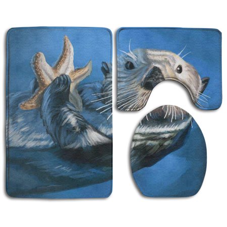 CHAPLLE Sea Otter 3 Piece Bathroom Rugs Set Bath Rug Contour Mat and Toilet Lid Cover